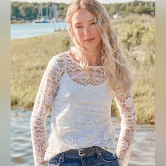 Garnet Hill Tops - Garnet Hill Crochet Long Sleeve Top - Size M - Boho Hippie Peasant Modest